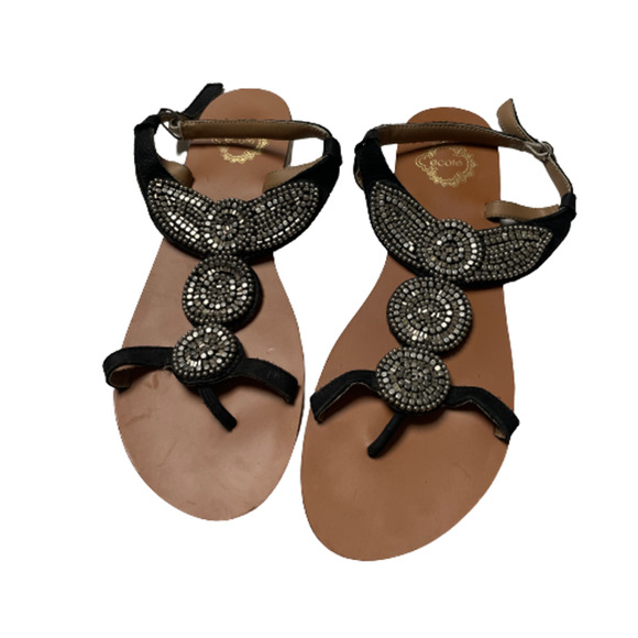 Ecote Shoes - ECOTE Beaded Embellished Metallic Boho Sandals Black and Silver Barely Worn 9